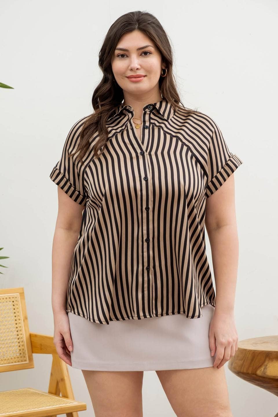 PLUS STRIPE COLLARED BUTTON DOWN CUFF SLEEVE SHIRT - Curvy Girl