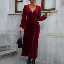 Load image into Gallery viewer, V-NECK LACE-UP WAIST SLIT LONG VELVET DRESS