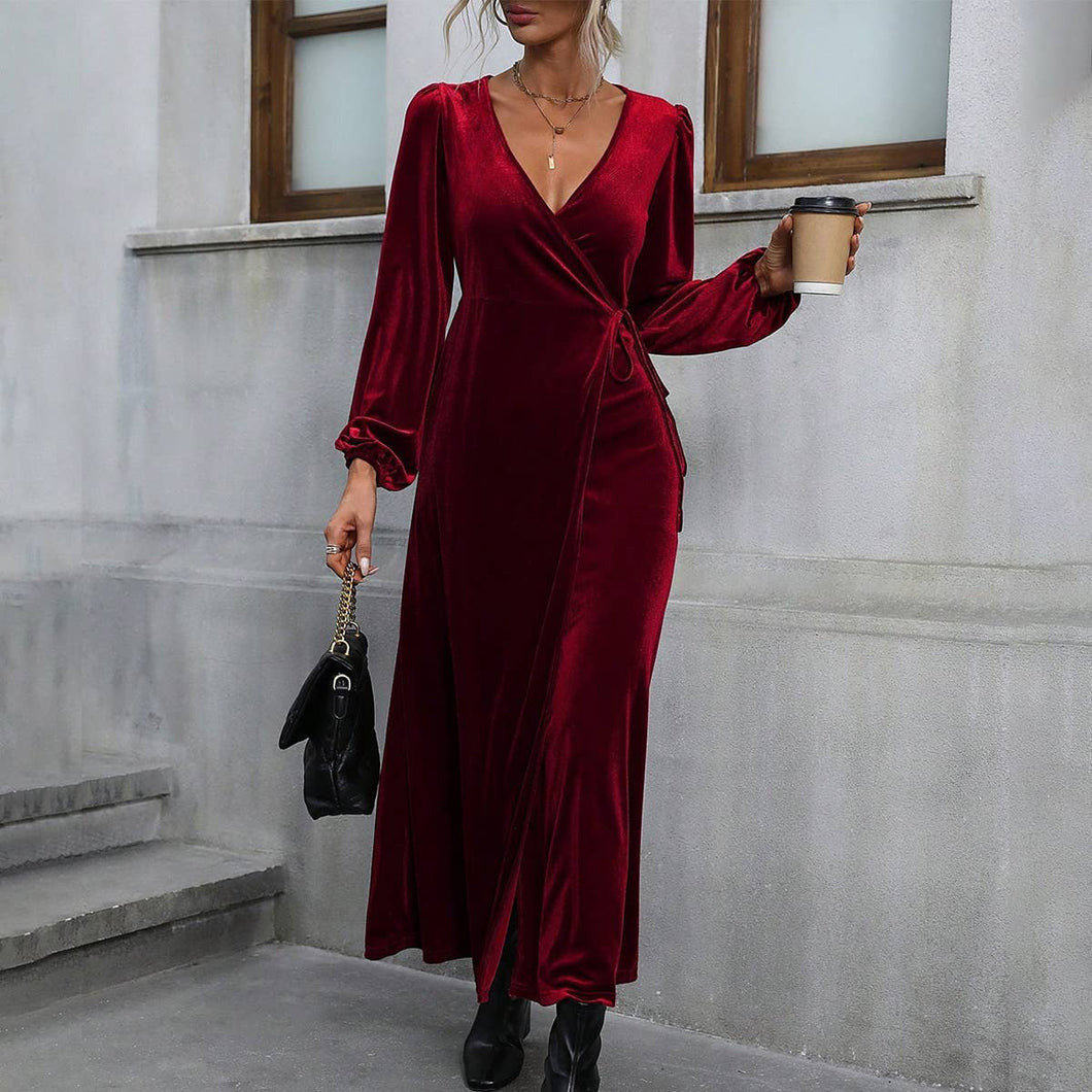 V-NECK LACE-UP WAIST SLIT LONG VELVET DRESS