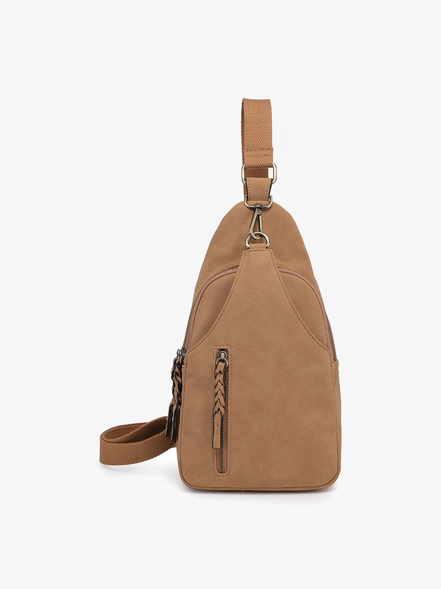 Nikki Faux Suede Dual Compartment Sling Pack Bag: Tan