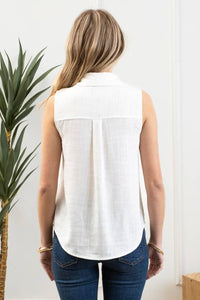 COLLARED BUTTON DOWN SLEEVELESS SHIRT: OFF WHITE