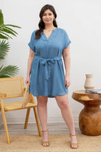 Load image into Gallery viewer, SPLIT NECK BELTED CHAMBRAY MINI DRESS - Curvy Girl