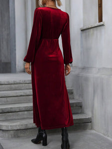 V-NECK LACE-UP WAIST SLIT LONG VELVET DRESS