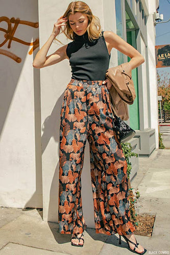 SOFT DRAPEY SATIN GINKGO PRINTED PALAZZO PANTS