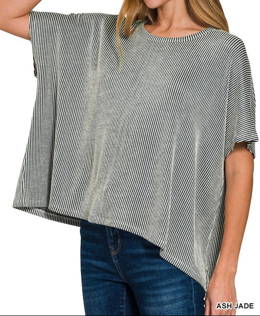 RIBBED STRIPED OVERSIZED SHORT SLEEVE TOP