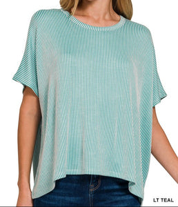 RIBBED STRIPED OVERSIZED SHORT SLEEVE TOP