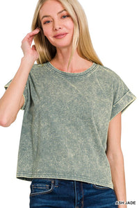 WASHED COTTON CUFFED SHORT SLEEVE TOP