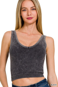 WASHED RIBBED SEAMLESS BRA PADDED V-NECK TANK TOP