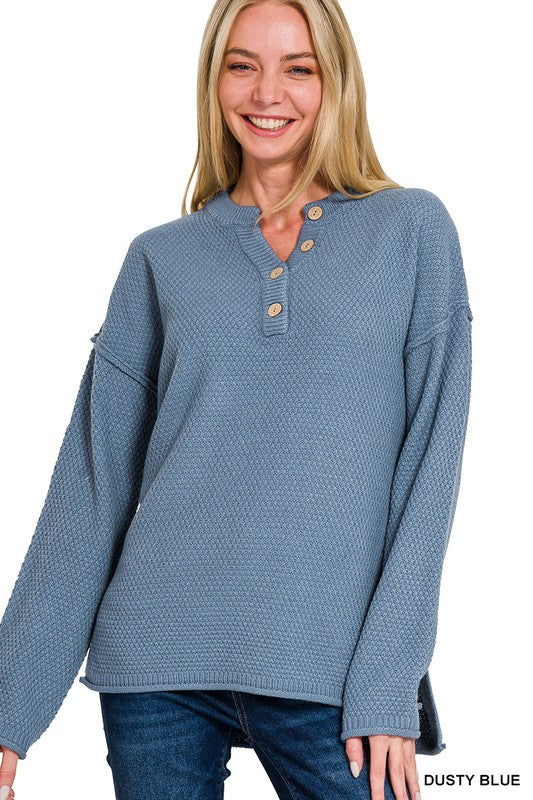 4 BUTTONS HENLEY NECKLINE BASIC SWEATER