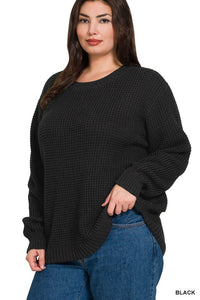 HI-LOW LONG SLEEVE ROUND NECK WAFFLE SWEATER- Curvy Girl