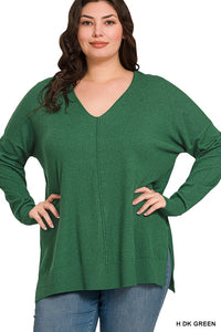 HI-LOW HEM V-NECK CENTER SEAM SWEATER - Curvy