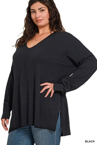 HI-LOW HEM V-NECK CENTER SEAM SWEATER - Curvy