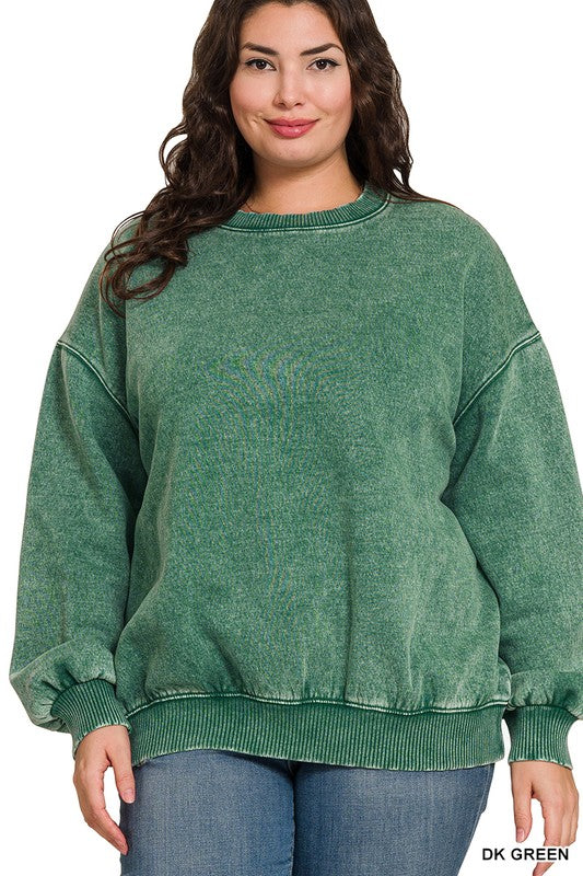 ACID WASH FLEECE OVERSIZED PULLOVER - Curvy Girl