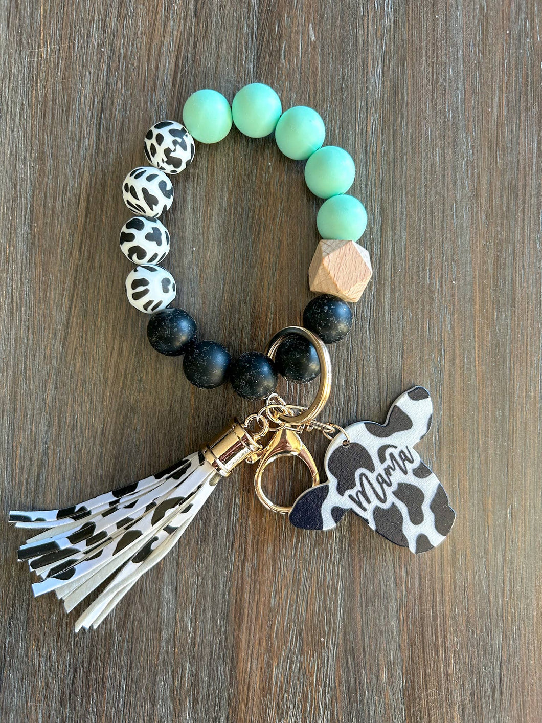 Cow Mama Keychain Wristlet: Mint