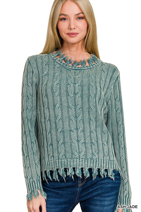 WASHED CABLE KNIT FRINGE SWEATER