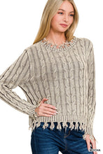 Load image into Gallery viewer, WASHED CABLE KNIT FRINGE SWEATER