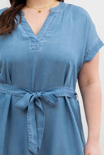 Load image into Gallery viewer, SPLIT NECK BELTED CHAMBRAY MINI DRESS - Curvy Girl