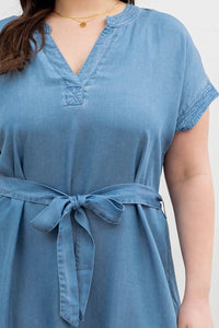 SPLIT NECK BELTED CHAMBRAY MINI DRESS - Curvy Girl