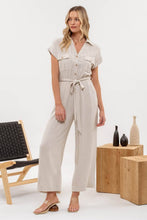 Load image into Gallery viewer, BUTTON DOWN BELTED WIDE LEG JUMPSUIT: NATURAL