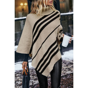 Turtleneck Batwing Sleeve Asymmetrical Knit Poncho