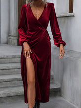 Load image into Gallery viewer, V-NECK LACE-UP WAIST SLIT LONG VELVET DRESS