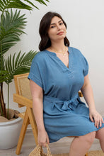 Load image into Gallery viewer, SPLIT NECK BELTED CHAMBRAY MINI DRESS - Curvy Girl