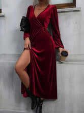 Load image into Gallery viewer, V-NECK LACE-UP WAIST SLIT LONG VELVET DRESS