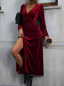 V-NECK LACE-UP WAIST SLIT LONG VELVET DRESS