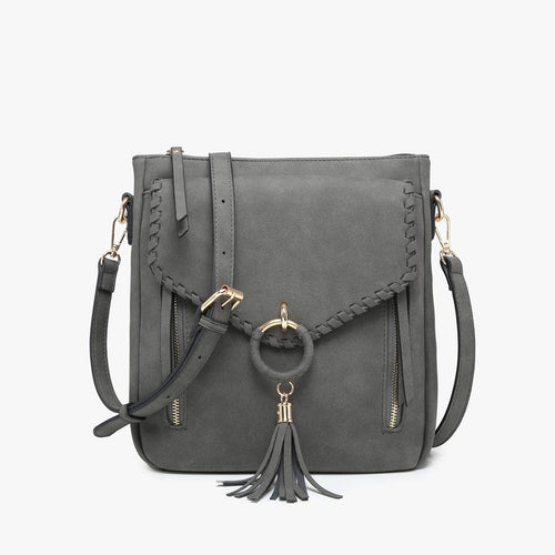 Layla Faux Suede Whipstitch Crossbody w/ Tassel: Charcoal