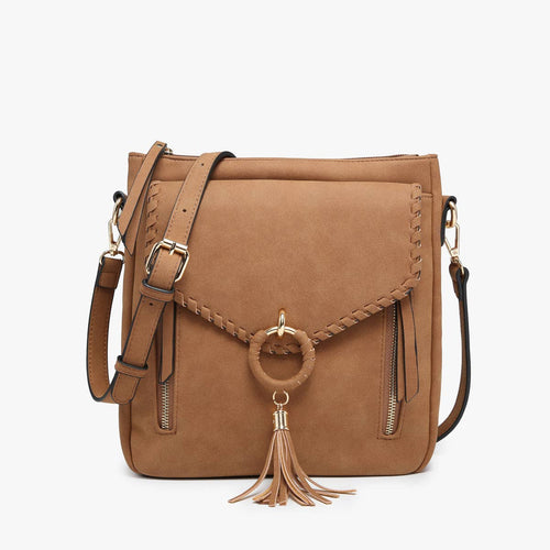 Layla Faux Suede Whipstitch Crossbody w/ Tassel: Brown