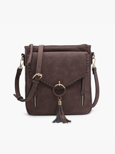 Layla Faux Suede Whipstitch Crossbody w/ Tassel: Espresso