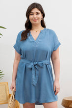 Load image into Gallery viewer, SPLIT NECK BELTED CHAMBRAY MINI DRESS - Curvy Girl