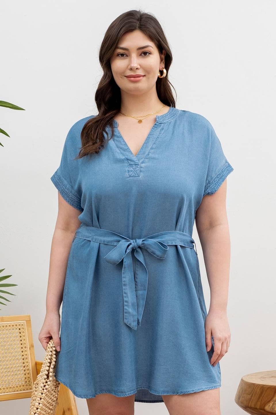 SPLIT NECK BELTED CHAMBRAY MINI DRESS - Curvy Girl