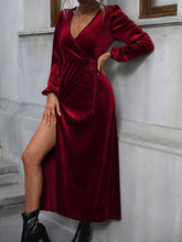 Load image into Gallery viewer, V-NECK LACE-UP WAIST SLIT LONG VELVET DRESS