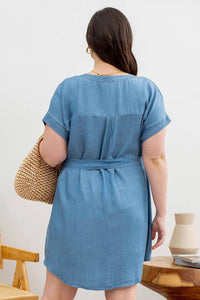 SPLIT NECK BELTED CHAMBRAY MINI DRESS - Curvy Girl