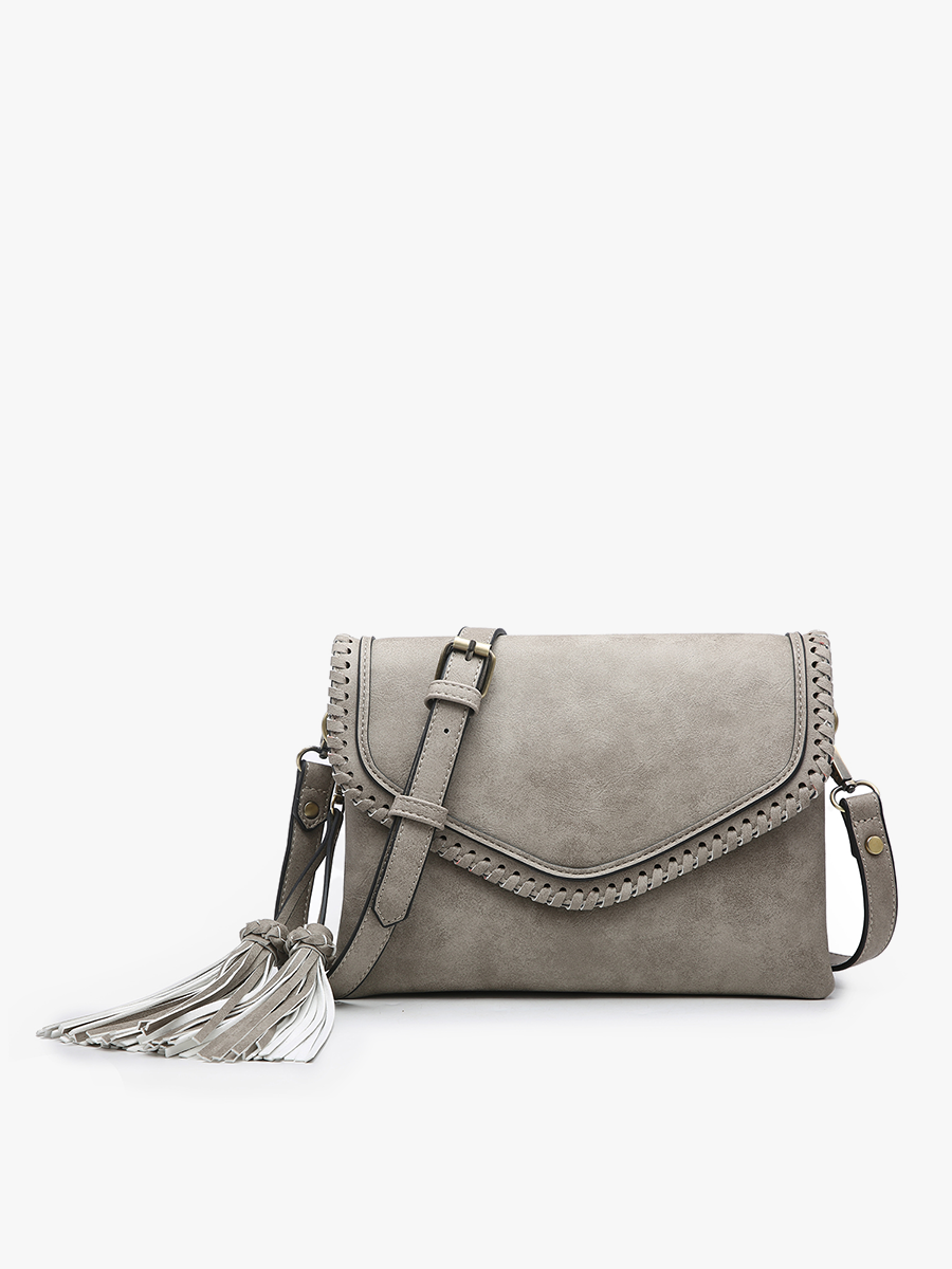 Sloane Flapover Crossbody w/ Whipstitch and Tassel: Gray