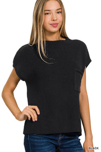 Mock Neck Short Sleeve Sweater: BLACK