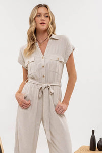 BUTTON DOWN BELTED WIDE LEG JUMPSUIT: NATURAL