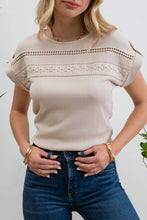 Load image into Gallery viewer, SHORT TAB SLEEVE LACE TRIM CRINKLE KNIT BLOUSE: LIGHT TAUPE