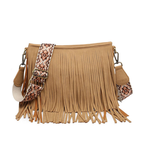 Tan Sadie Suede Fringe Crossbody w/ Guitar Strap